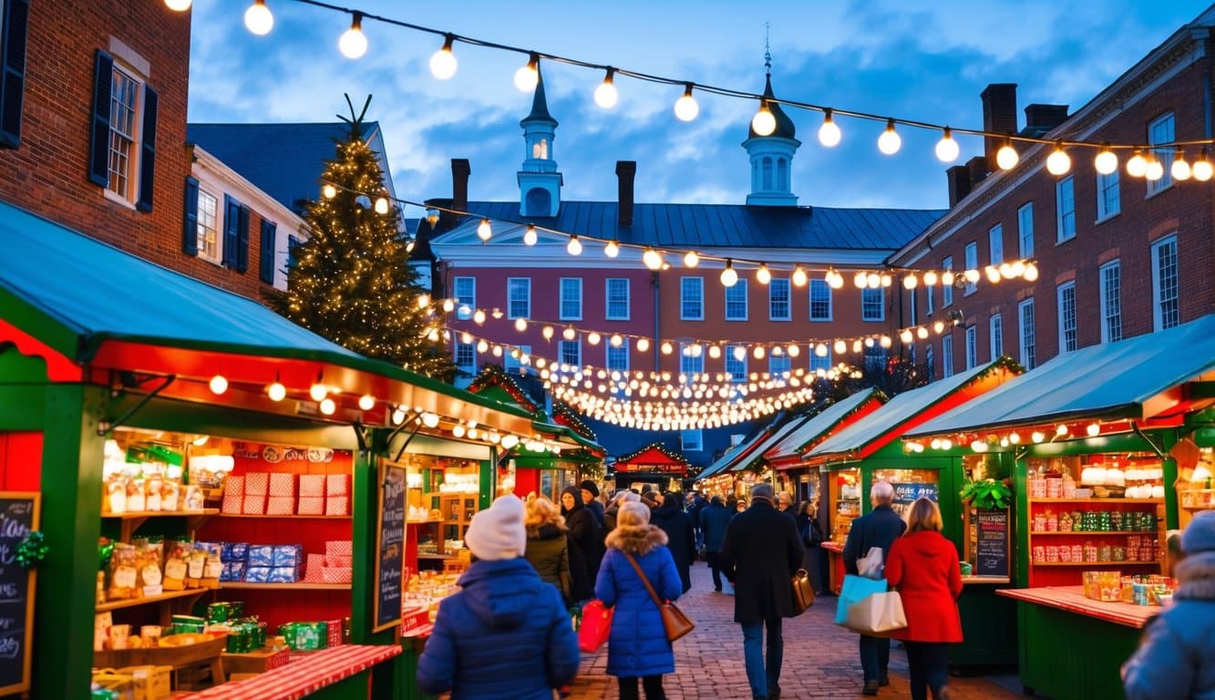 A bustling Christmas market with colorful stalls and twinkling lights in Williamsburg, VA