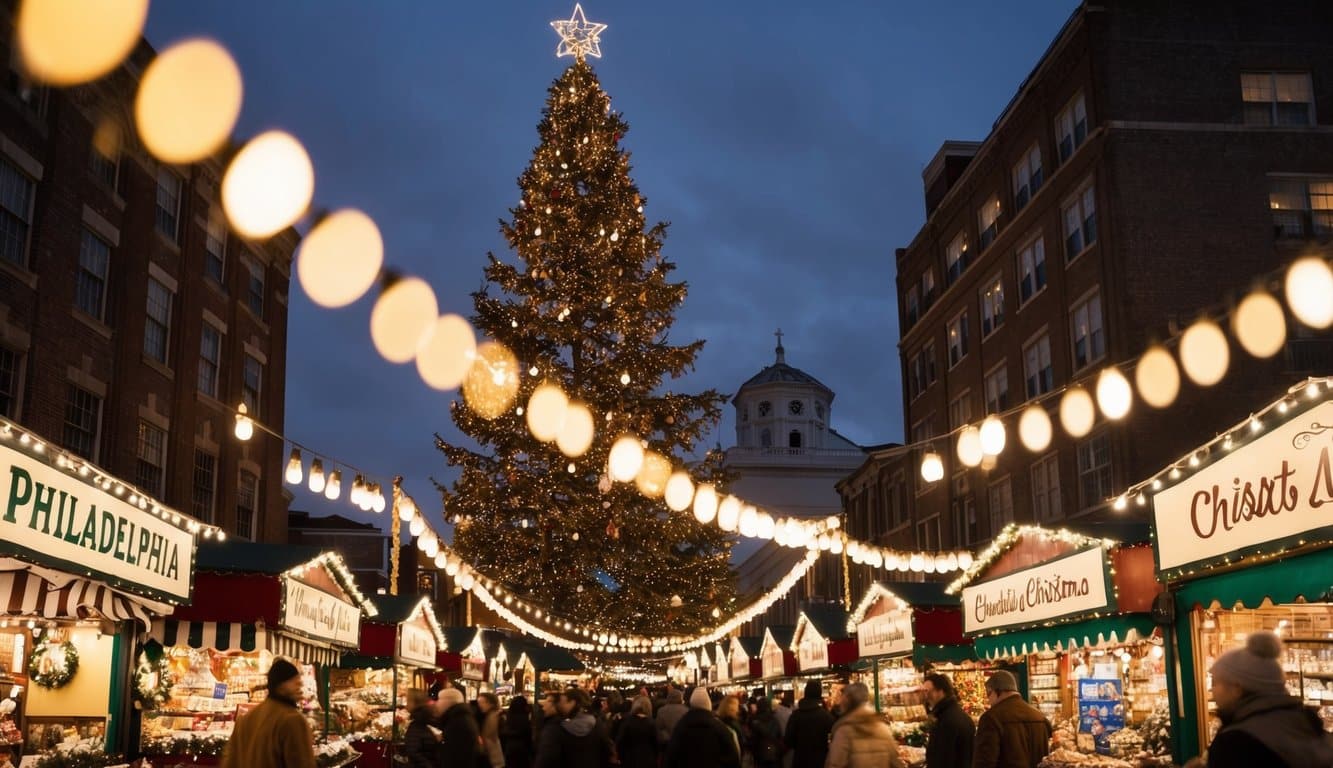 A bustling Christmas market in Philadelphia, with twinkling lights, festive stalls, and a giant decorated tree as the centerpiece