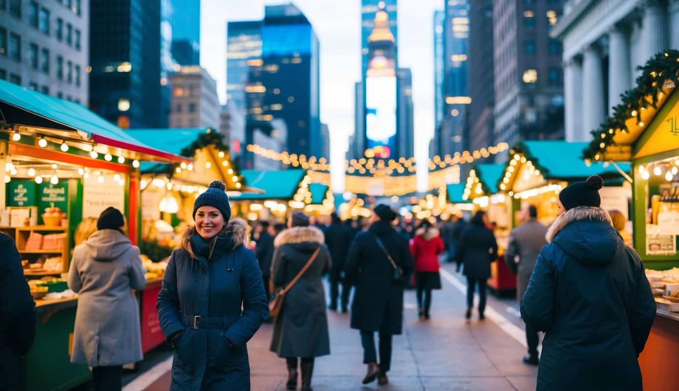 A bustling holiday market with festive stalls and twinkling lights in Union Square, NYC