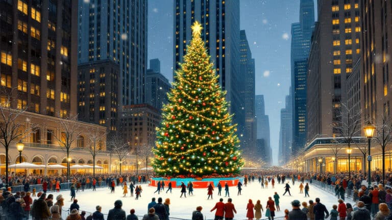 A large Christmas tree with colorful lights stands in a city square surrounded by tall buildings, with numerous people ice skating around it. Snow is gently falling.