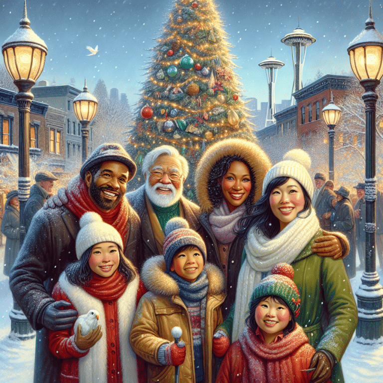 A group of six people in winter clothing smiling in front of a decorated Christmas tree in a snowy urban setting.