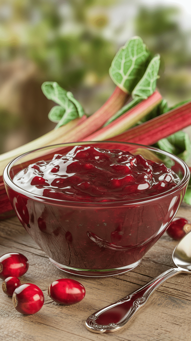 A glass bowl filled with cranberry sauce is placed on a wooden surface, surrounded by fresh rhubarb stalks and scattered cranberries. A silver spoon lies next to the bowl.