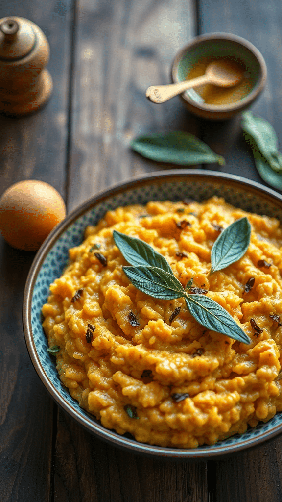 A bowl of creamy butternut squash and sage risotto garnished with fresh sage leaves.