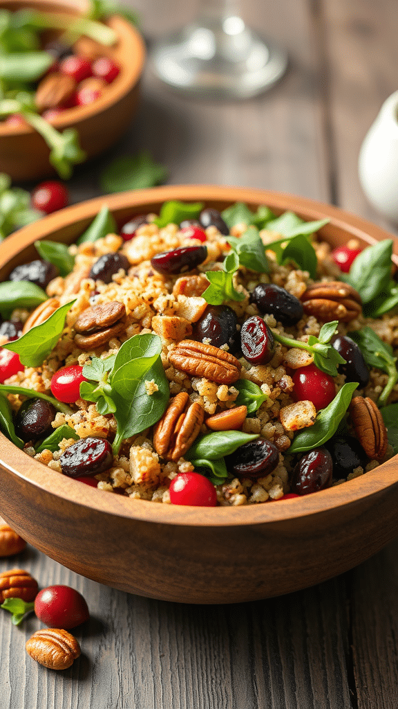 A vibrant bowl of Cranberry Pecan Quinoa Salad with greens, cranberries, and pecans.