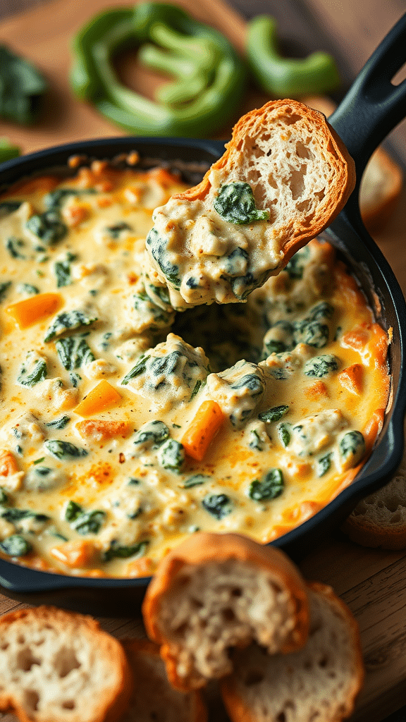 A delicious creamy spinach and artichoke dip served with toasted bread