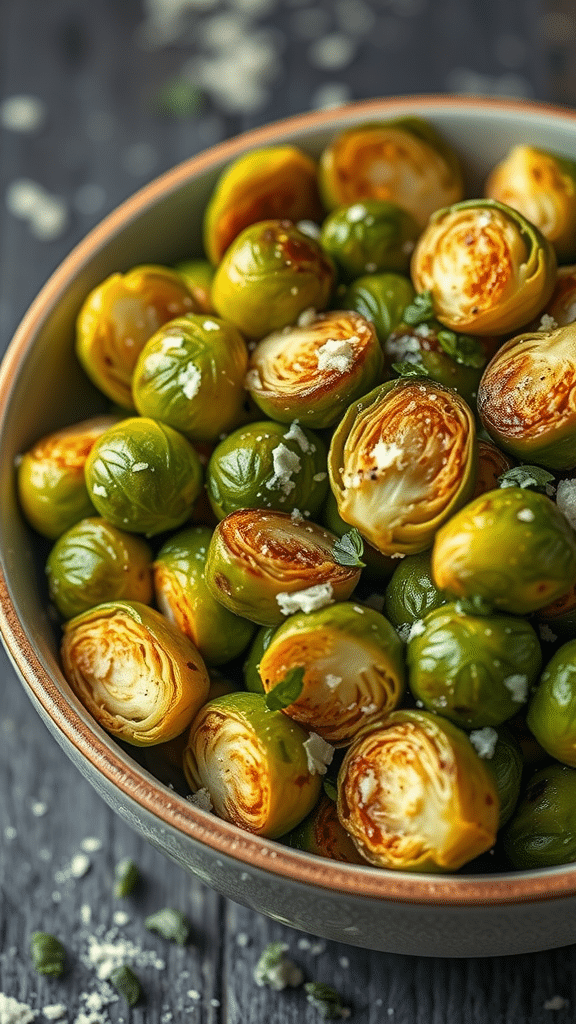 Bowl of garlic parmesan roasted Brussels sprouts