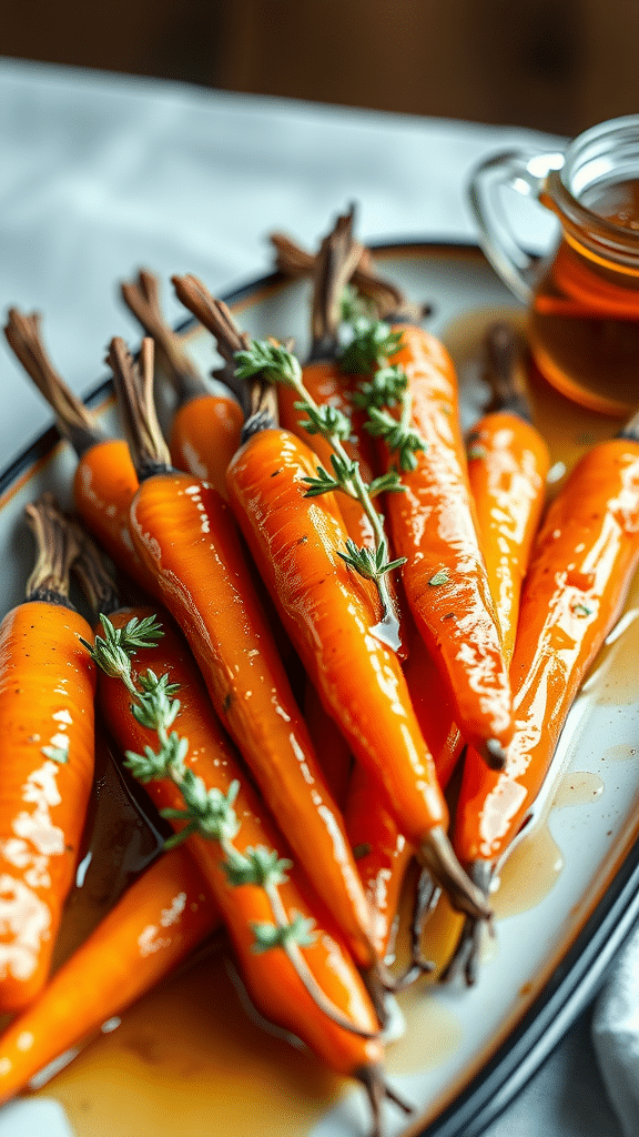 A plate of glazed carrots garnished with fresh herbs, accompanied by a small jug of sauce on the side.