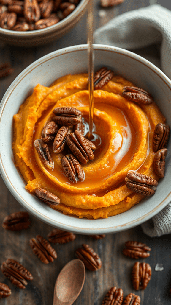 A bowl of creamy sweet potato mash topped with maple syrup and pecans