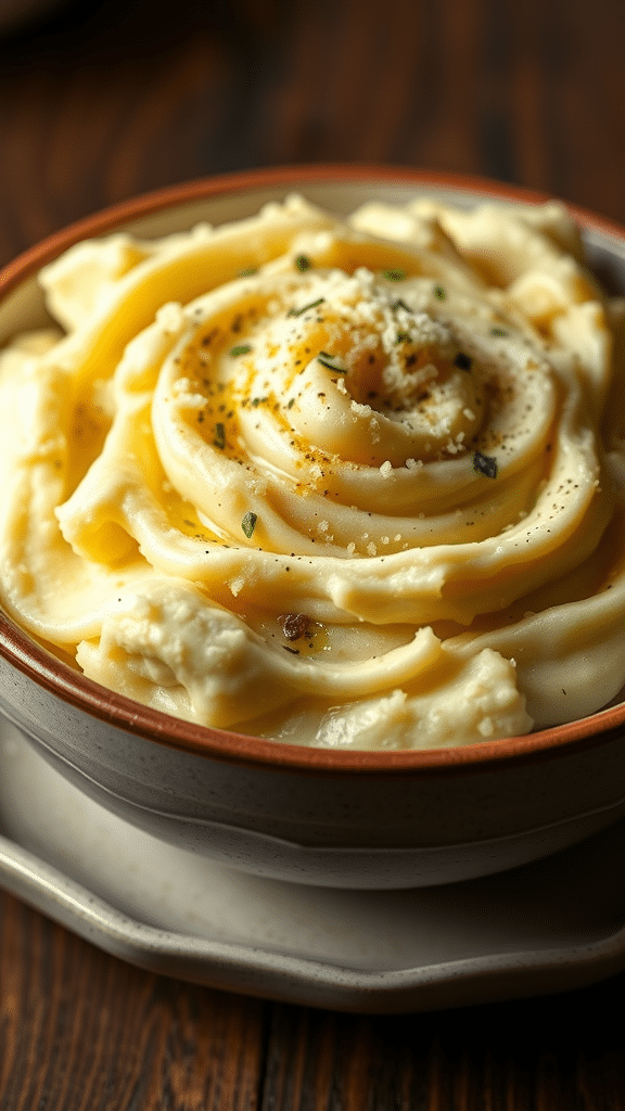 A bowl of creamy Parmesan truffle mashed potatoes with herbs on top.