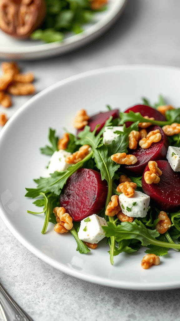 A vibrant roasted beet and goat cheese salad with arugula and walnuts.