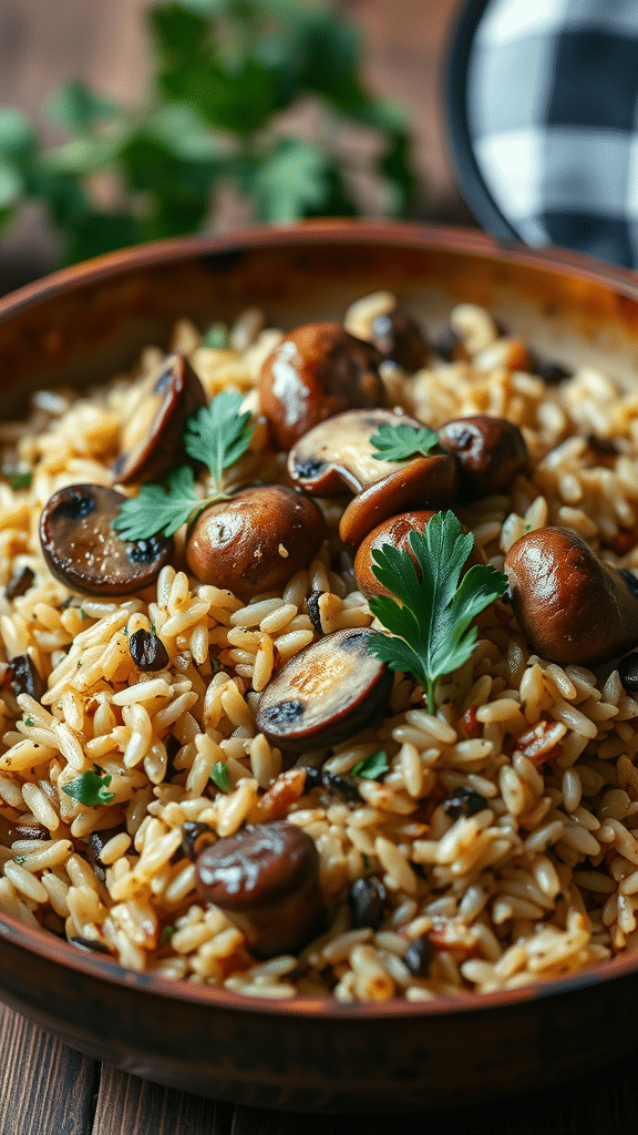 A bowl of mushroom and wild rice pilaf garnished with parsley.