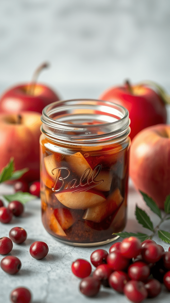 A jar of spiced apple and cranberry chutney surrounded by fresh apples and cranberries