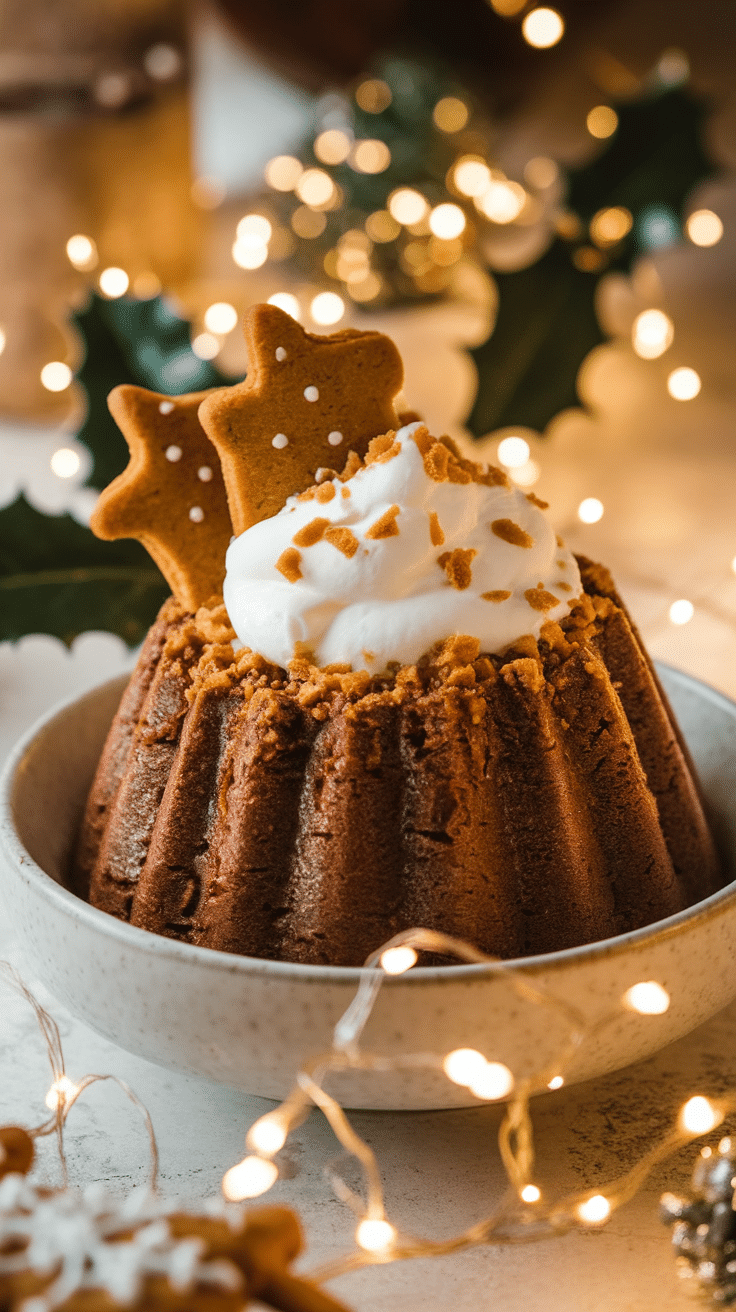 A bundt cake topped with whipped cream and two star-shaped gingerbread cookies in a bowl, surrounded by decorative lights and holly leaves.