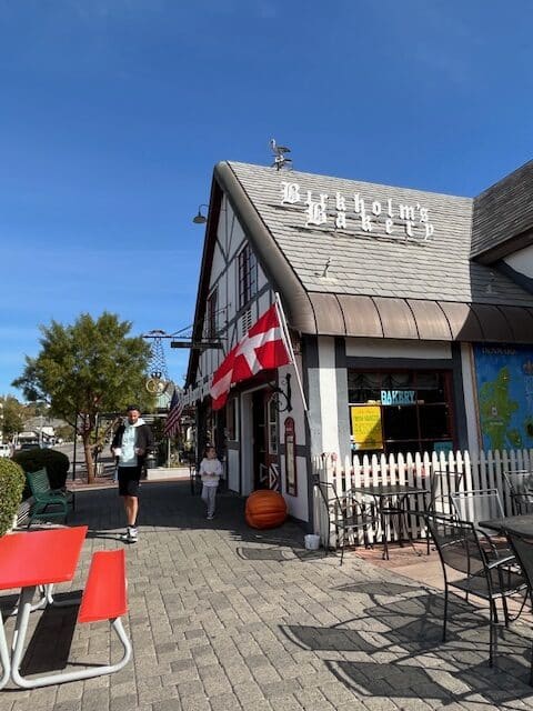 A pedestrian walks past a bakery with a Danish flag outside, under a clear blue sky. Red benches and a pumpkin decorate the sidewalk.