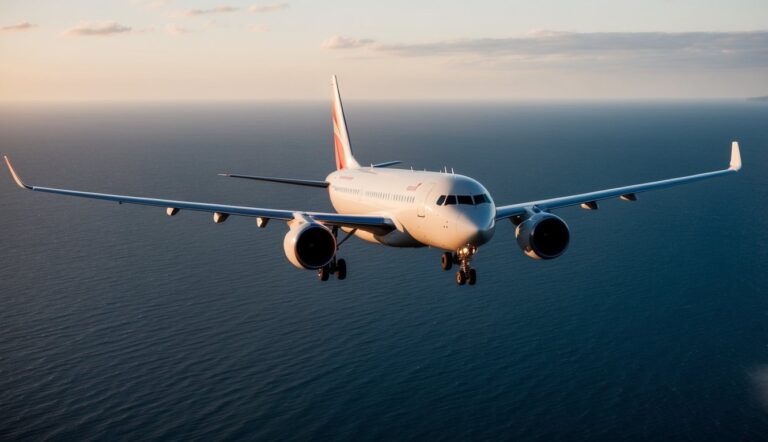 A commercial airplane flies over the ocean at sunset with a clear sky in the background.