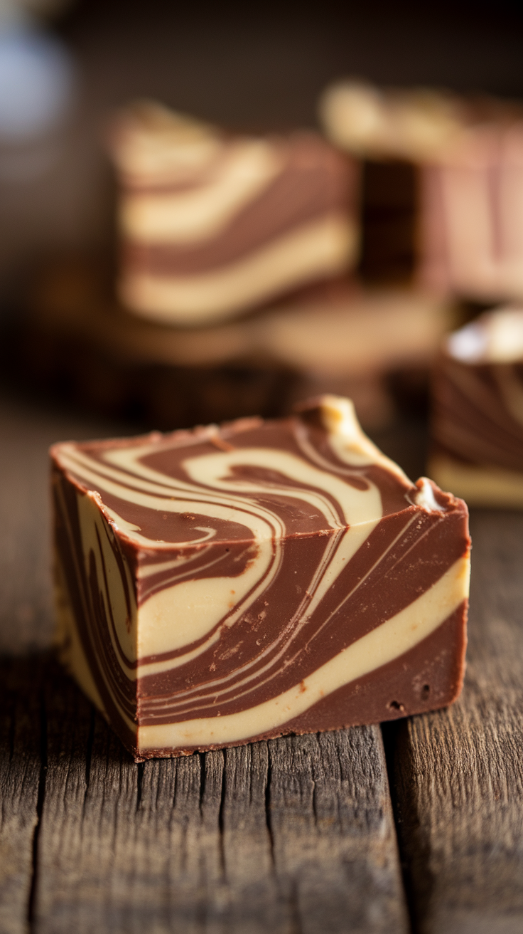 A piece of chocolate peanut butter marble fudge on a wooden surface