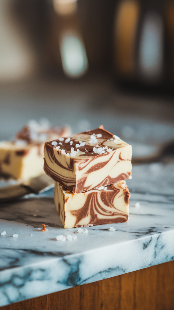 Delicious vanilla swirl fudge on a marble surface, topped with sea salt.