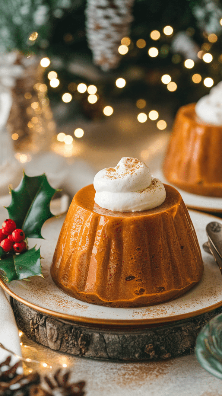 Slice of warm persimmon pudding with whipped cream on rustic plate, festive holiday backdrop.