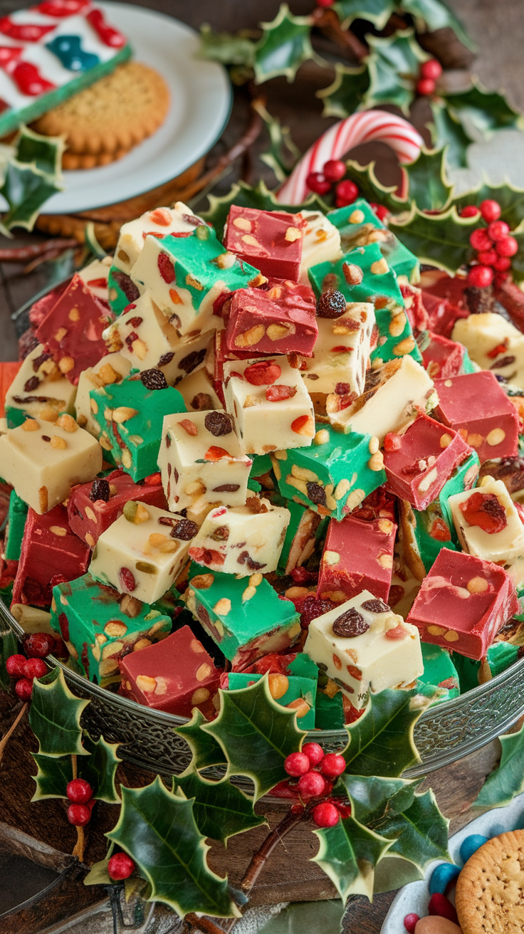 A festive display of holiday fudge in red, green, and white colors, topped with dried fruits and nuts.