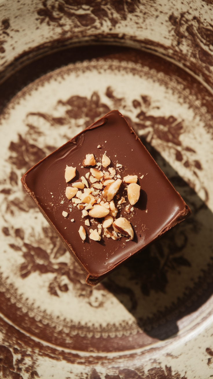 A square piece of chocolate with chopped nuts on top, served on a decorative brown and cream plate.