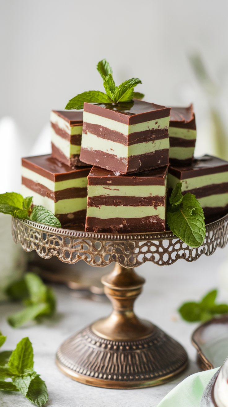 A layered mint chocolate fudge displayed on a decorative stand.