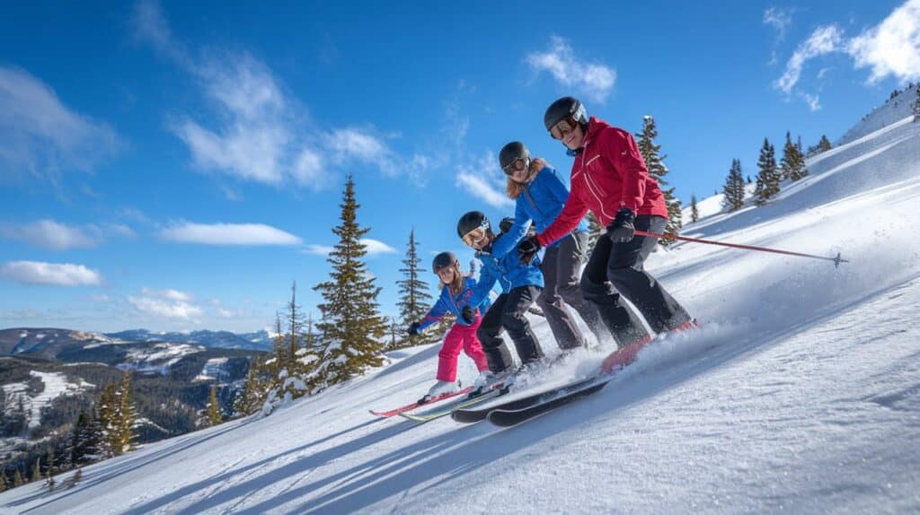 Four people in ski gear are skiing downhill on a snowy slope with clear blue skies and evergreen trees in the background.