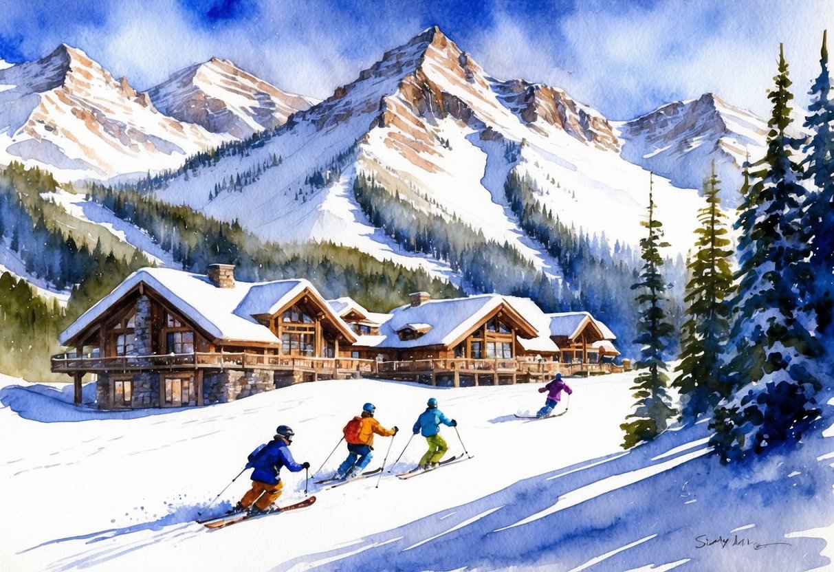 Four skiers descend a snowy slope with wooden lodges in the background and mountains under a blue sky.