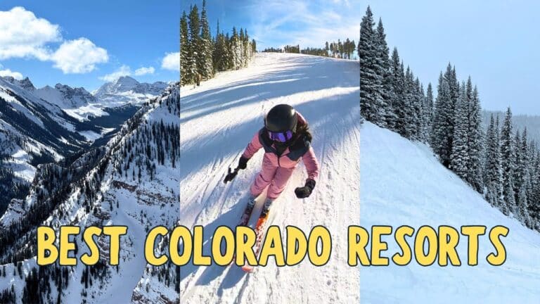 Collage of snowy Colorado mountain landscapes and a skier. Text reads "Best Colorado Resorts.