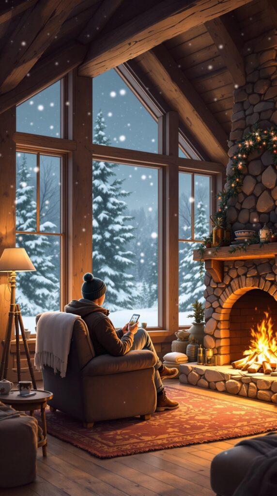 Person in winter attire sitting by a lit fireplace in a cozy cabin, looking at their phone. Snow is falling outside the large window, with pine trees visible.