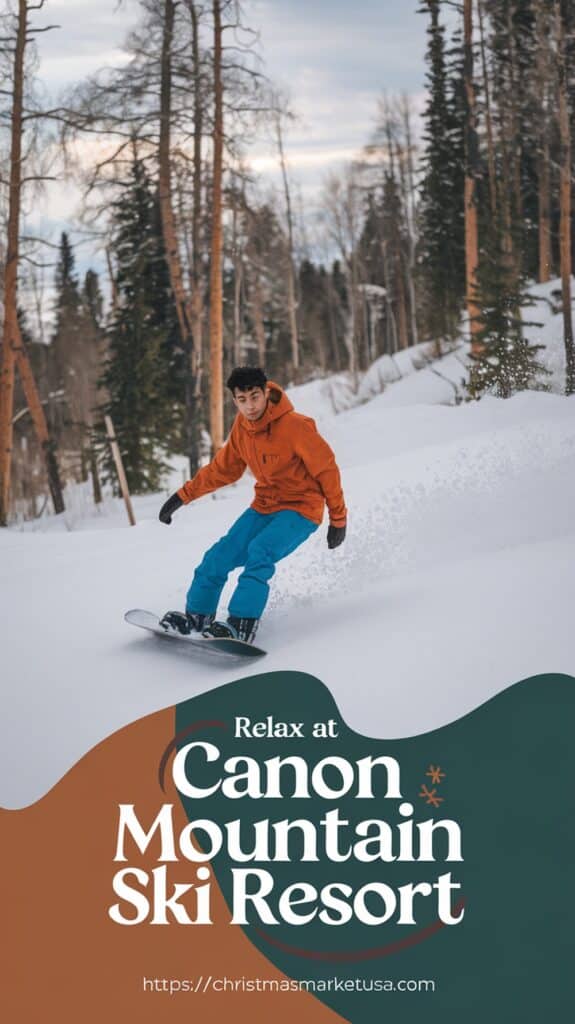 Person snowboarding down a snowy hillside, surrounded by trees. Text reads: "Relax at Canon Mountain Ski Resort. https://christmasmarketusa.com.