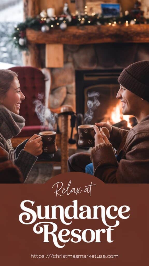 Two people in winter clothing enjoying hot drinks by a fireplace, with the text "Relax at Sundance Resort" and a URL at the bottom.