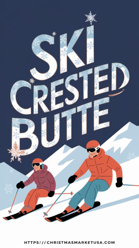 Illustration of two people skiing down a snowy slope beneath large text "SKI CRESTED BUTTE" with snowflakes.