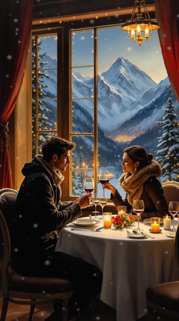 Couple dining at a table with wine glasses, surrounded by candles, in a cozy room. Snowy mountain landscape visible through large windows with twinkling lights outside.