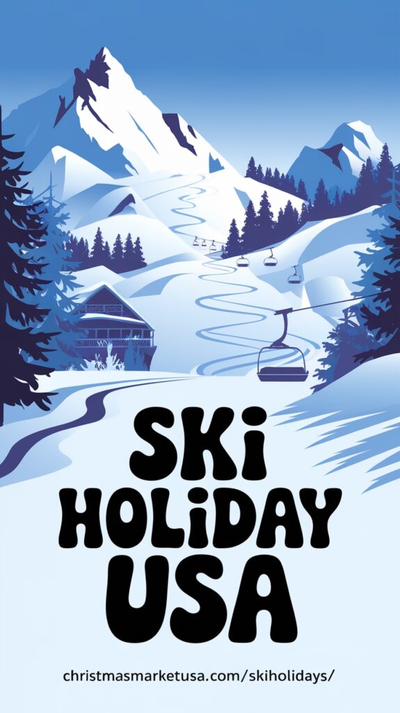 Illustrated poster featuring snowy mountains, a ski lift, and a cabin, with the bold text "Ski Holiday USA," promoting ski holidays.