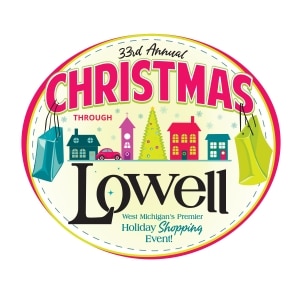 Christmas Markets Massachusetts 2025: Best Festive Events and Holiday Fairs 4 Logo for the 33rd Annual Christmas Through Lowell holiday shopping event, featuring illustrated houses, a tree, and shopping bags.