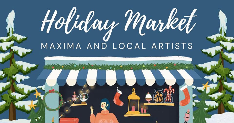 Christmas Markets Massachusetts 2025: Best Festive Events and Holiday Fairs 5 Illustration of a holiday market stall with festive decorations, a woman vendor, and the text "Holiday Market Maxima and Local Artists" above. Snow-covered trees frame the scene.