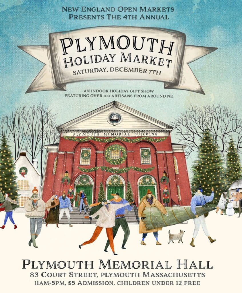 Christmas Markets Massachusetts 2025: Best Festive Events and Holiday Fairs 9 Illustrated poster for the Plymouth Holiday Market at Plymouth Memorial Hall, showing people shopping and carrying gifts in front of a decorated building with holiday trees.