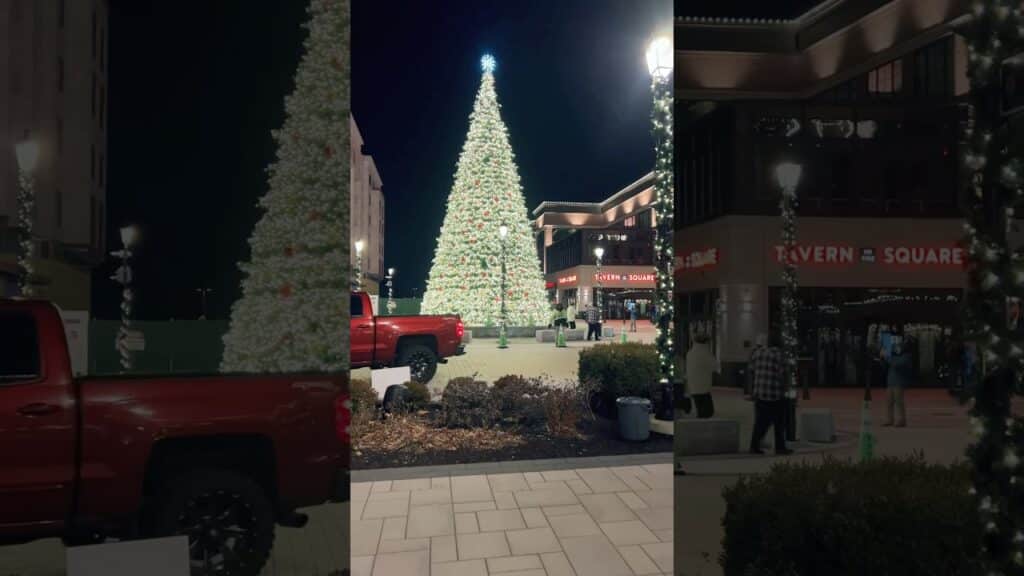 A large decorated Christmas tree stands in an outdoor plaza at night, with surrounding buildings, festive lights, a red truck, and a few people visible nearby.