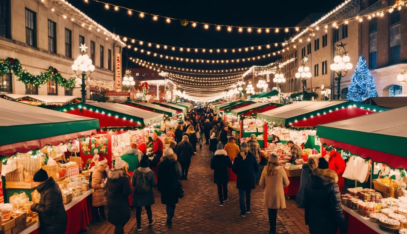 Christmas Markets in the US 2025: Best Festive Destinations and Dates 1 A bustling Christmas market in the US, 2025, filled with twinkling lights, festive decorations, and vendors selling handmade crafts and holiday treats