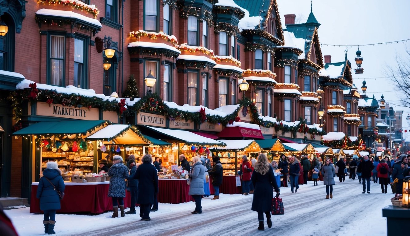 Christmas Markets in the US 2025: Best Festive Destinations and Dates 3 Victorian-style buildings adorned with festive lights and decorations line the snowy streets of Nevada City. Market stalls offer handmade crafts and holiday treats to bustling crowds