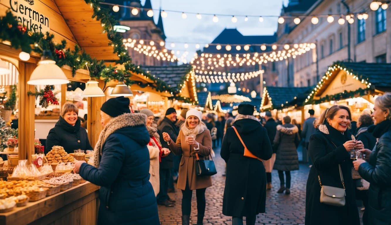 Christmas Markets in the US 2025: Best Festive Destinations and Dates 5 A bustling Christmas market in Atlanta, filled with festive stalls, twinkling lights, and joyful patrons enjoying traditional German treats and crafts
