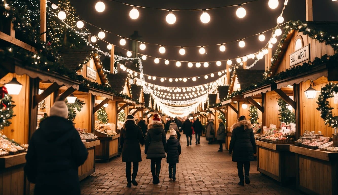 Christmas Markets in the US 2025: Best Festive Destinations and Dates 8 A bustling Christmas market with charming wooden stalls, twinkling lights, and festive decorations in Elkhart, WI