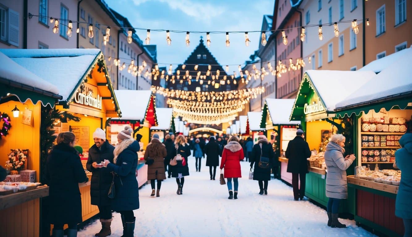 Christmas Markets in the US 2025: Best Festive Destinations and Dates 10 Colorful stalls line snowy streets at Christkindlmarkt. Festive lights twinkle above as visitors browse handmade crafts and savor holiday treats