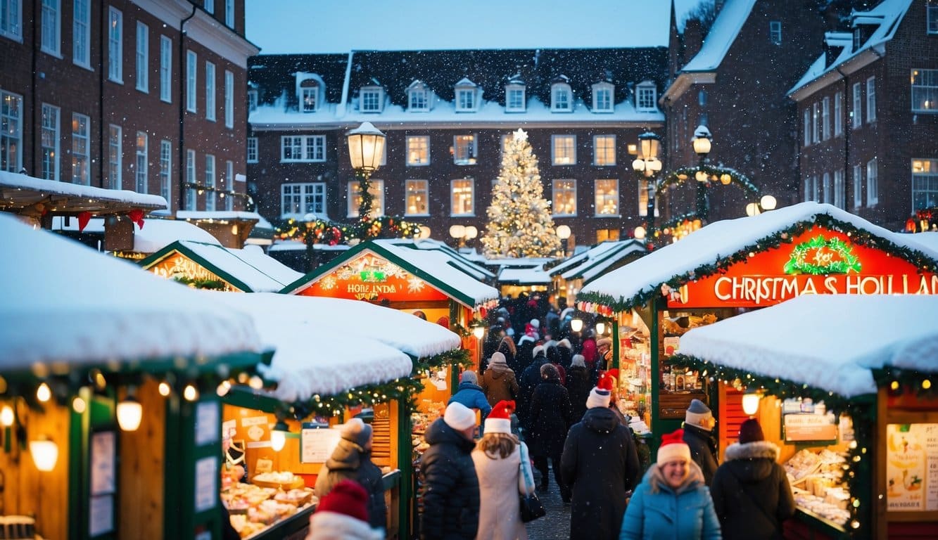Christmas Markets in the US 2025: Best Festive Destinations and Dates 12 A bustling Christmas market in Holland, MI with colorful stalls, twinkling lights, and festive decorations. Snow gently falls, creating a magical winter scene