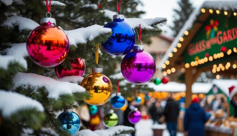 Colorful ornaments hang on a snow-covered Christmas tree branch at an outdoor holiday market, with people and festive stalls in the background.