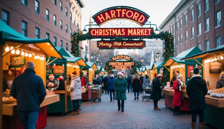 People walk among festive vendor stalls at the Hartford Christmas Market, with holiday decorations and lights lining a brick street in downtown Hartford, Connecticut.