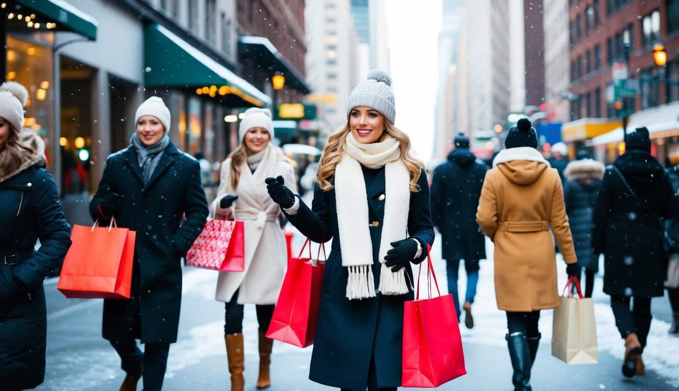 What to Wear for Christmas in NYC: Essential Outfits and Packing Tips for 2025 4 A bustling NYC street with people in stylish winter coats, scarves, and hats. Snowflakes fall as shoppers carry festive shopping bags
