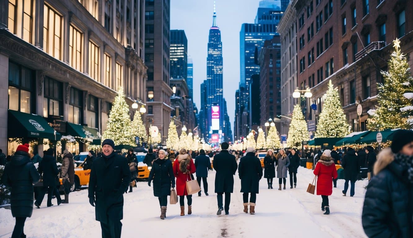 What to Wear for Christmas in NYC: Essential Outfits and Packing Tips for 2025 5 A bustling New York City street with snow-covered buildings, twinkling holiday lights, and people dressed in festive winter attire