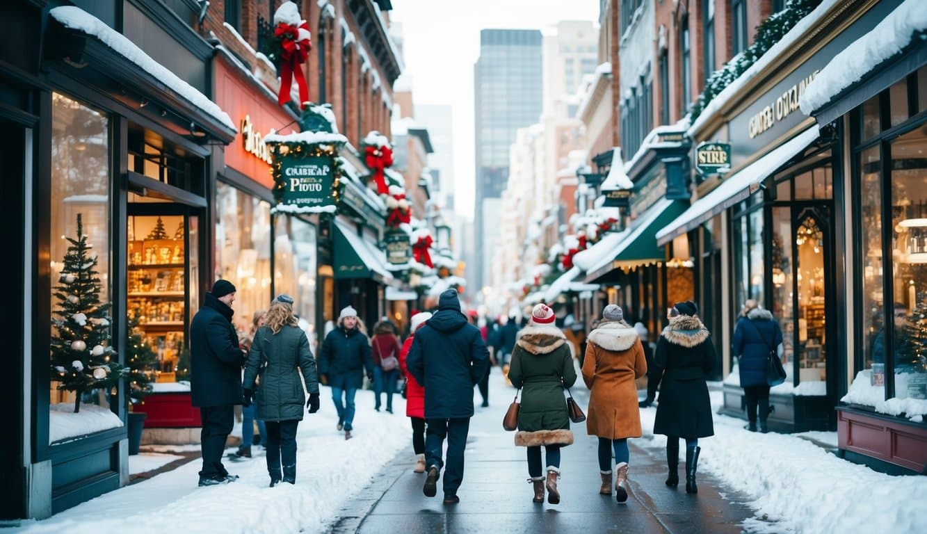 What to Wear for Christmas in NYC: Essential Outfits and Packing Tips for 2025 6 A bustling city street with snow-covered sidewalks, festive storefronts, and people dressed in warm winter clothing