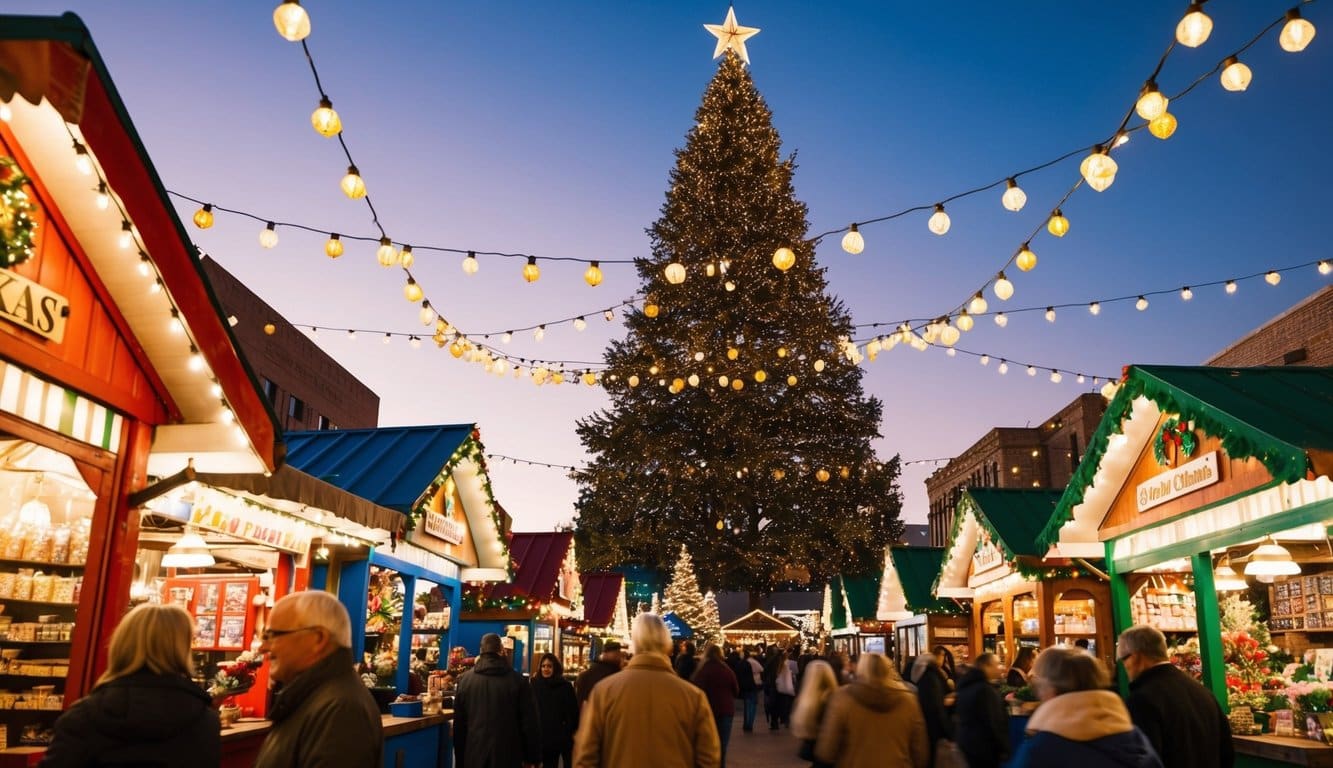 Christmas Markets Texas 2025: Top 50 Festive Destinations 2 A festive Christmas market in Texas with colorful stalls, twinkling lights, and a towering Christmas tree as the centerpiece